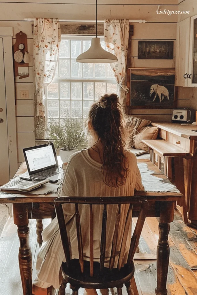 image of a woman with her hair half up half down on her laptop working from home