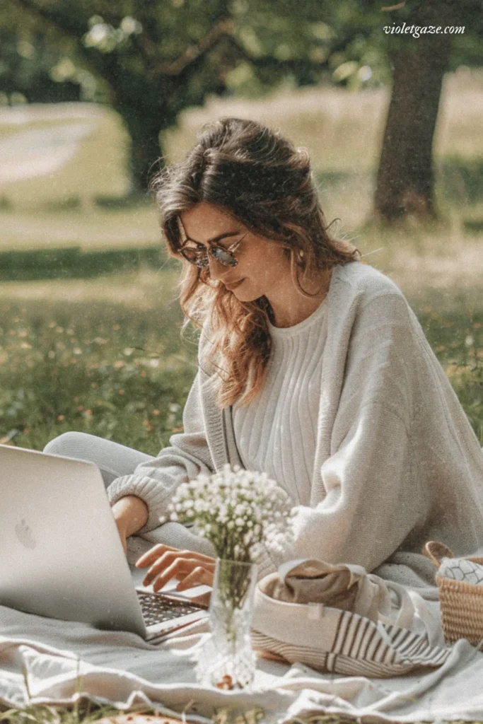 image of a woman working on laptop outside
