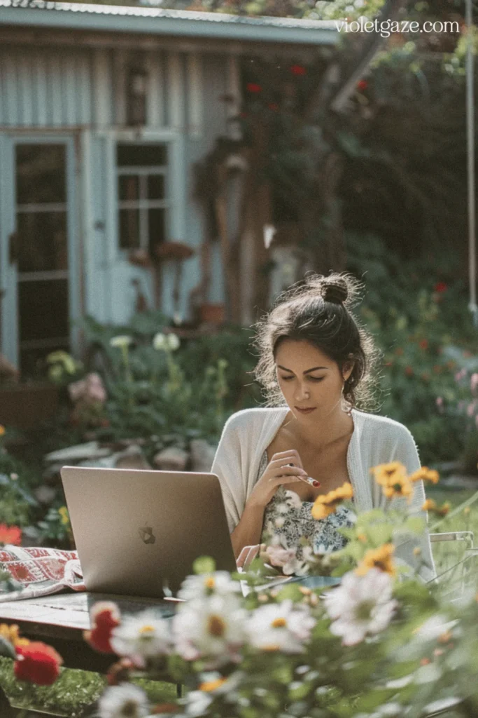 woman working on laptop in the backyard