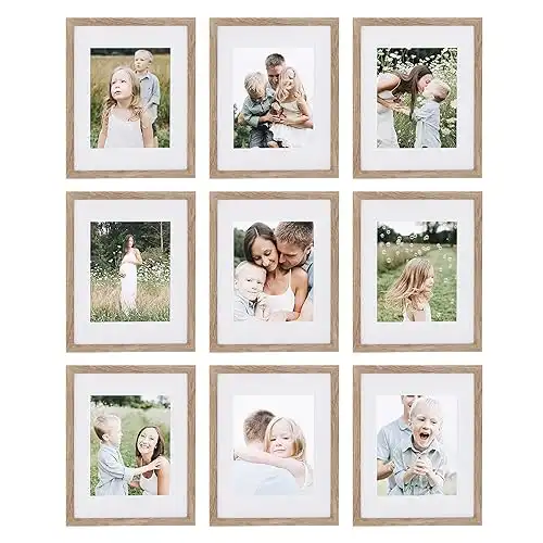Sheffield Home 9 Piece Gallery Wall Frame Set, 11x14 Inch, Matted to 8x10 Inch, Light Natural