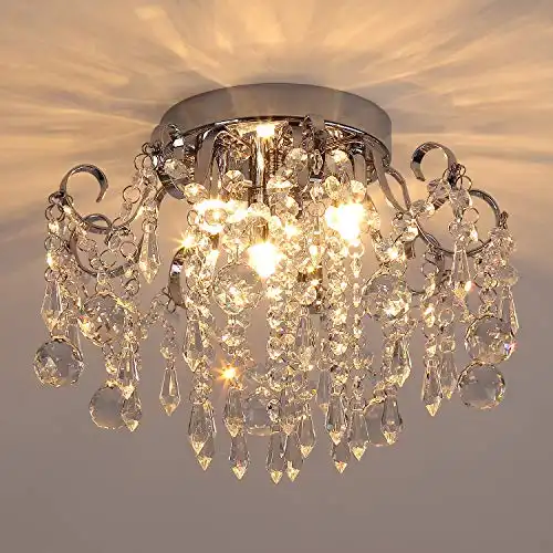 Q&S Small Crystal Chandelier Flush Mount Ceiling light 3 Lights Modern Chrome Iron Raindrop Crystal Ceiling Fixture for Bedroom Hallway Closet Entryway Stairs