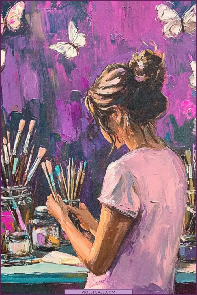 artist workspace organization woman with paint brushes and butterflies