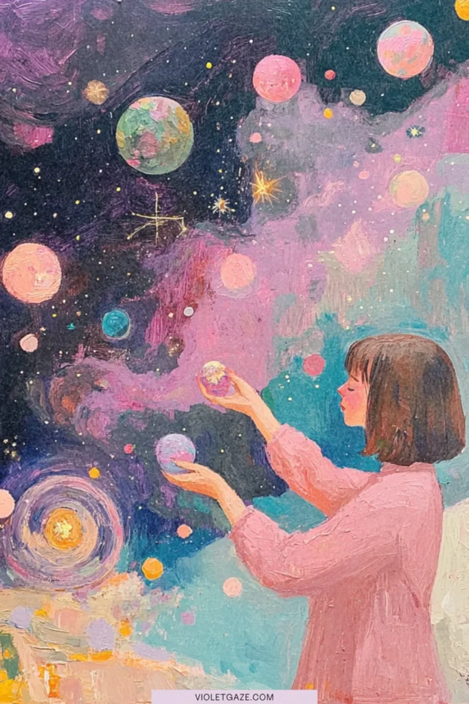 what are the laws of the universe painting woman holding planets