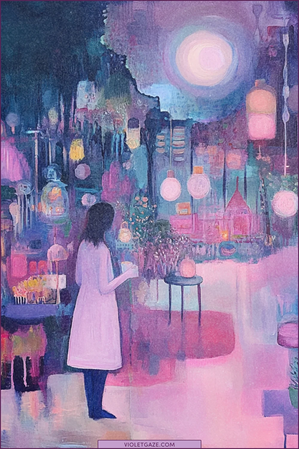 abstract woman collecting moonlight in glass jars in an enchanted courtyard