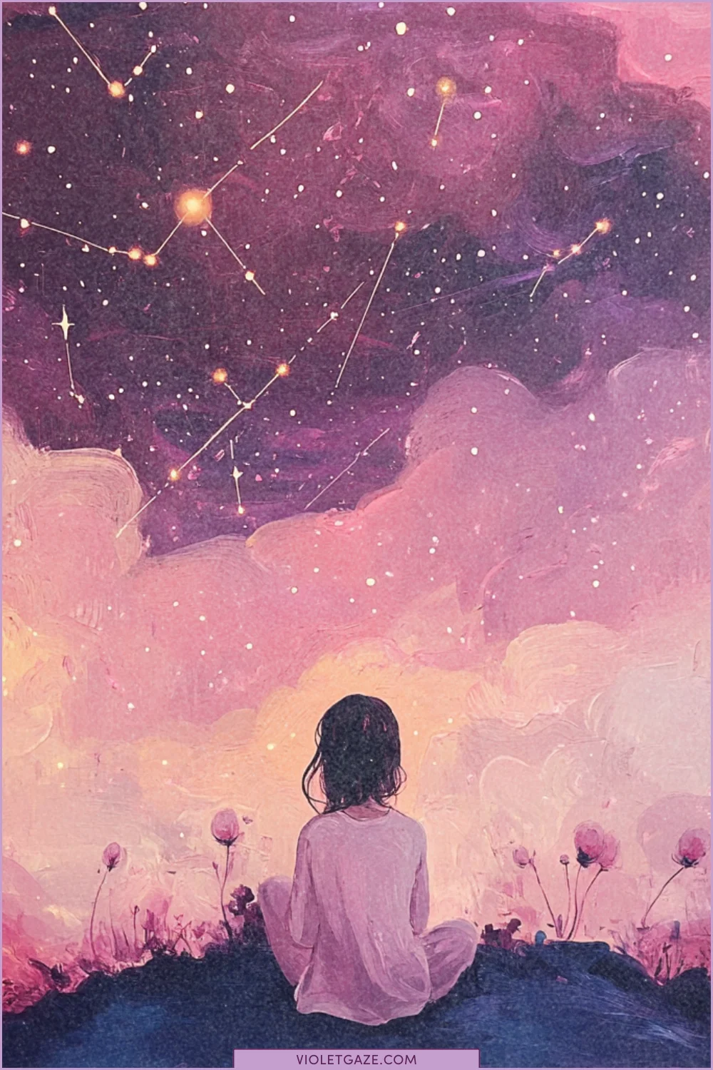 woman sitting on hill looking up at purple and pink stars